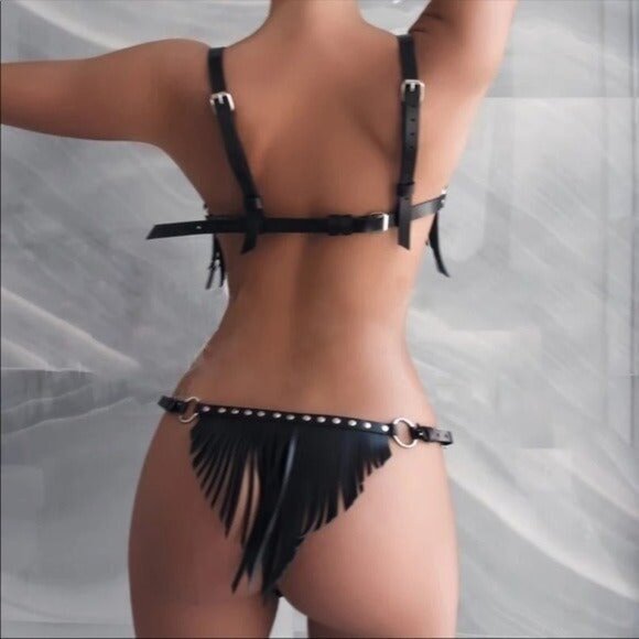 PU Leather Tassel Studded Bra & Bottom Bikini Harness Lingerie Costume Set - Picture 6 of 7